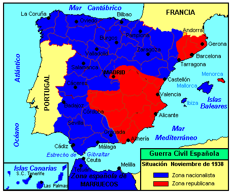 Spanischer Bürgerkrieg, Karte, die die Lage im September 1936 zeigt