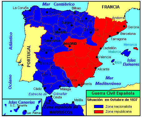 Spanischer Bürgerkrieg, Karte, die die Lage im Oktober 1937 zeigt